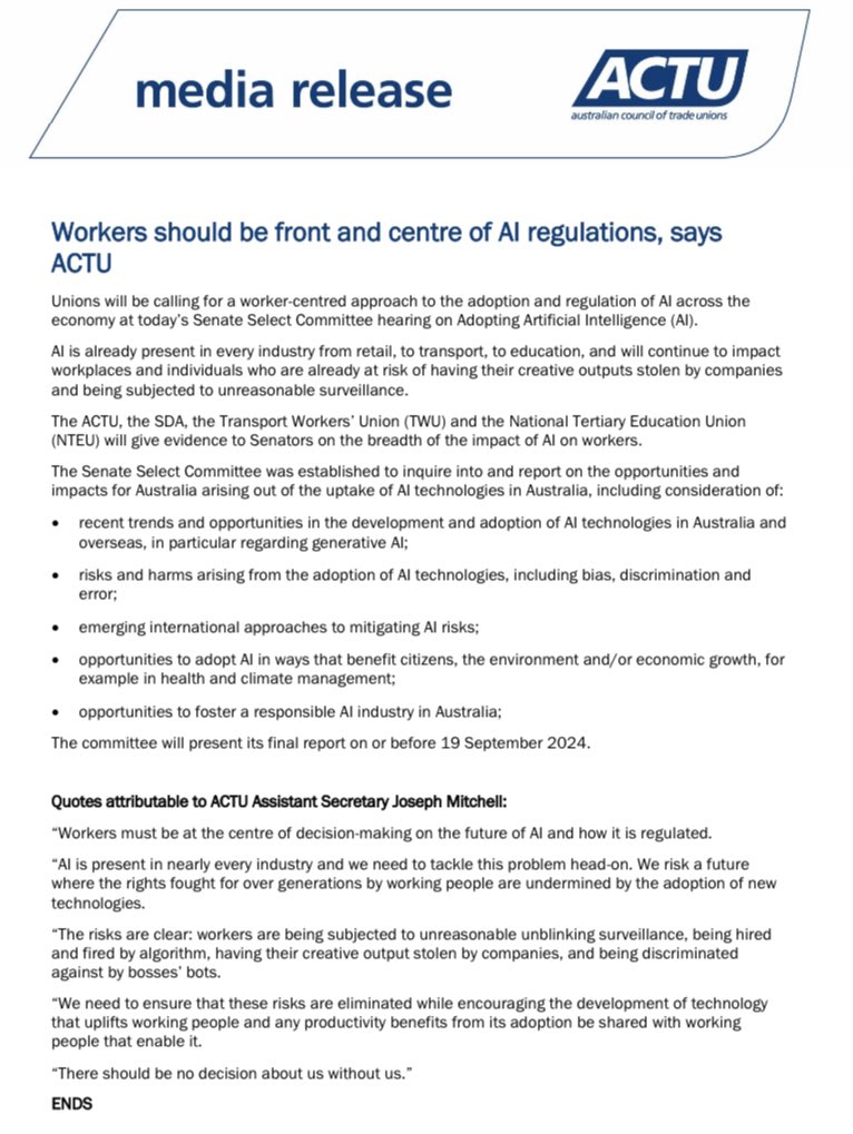 Media release: Workers should be front and centre of AI regulations, says ACTU