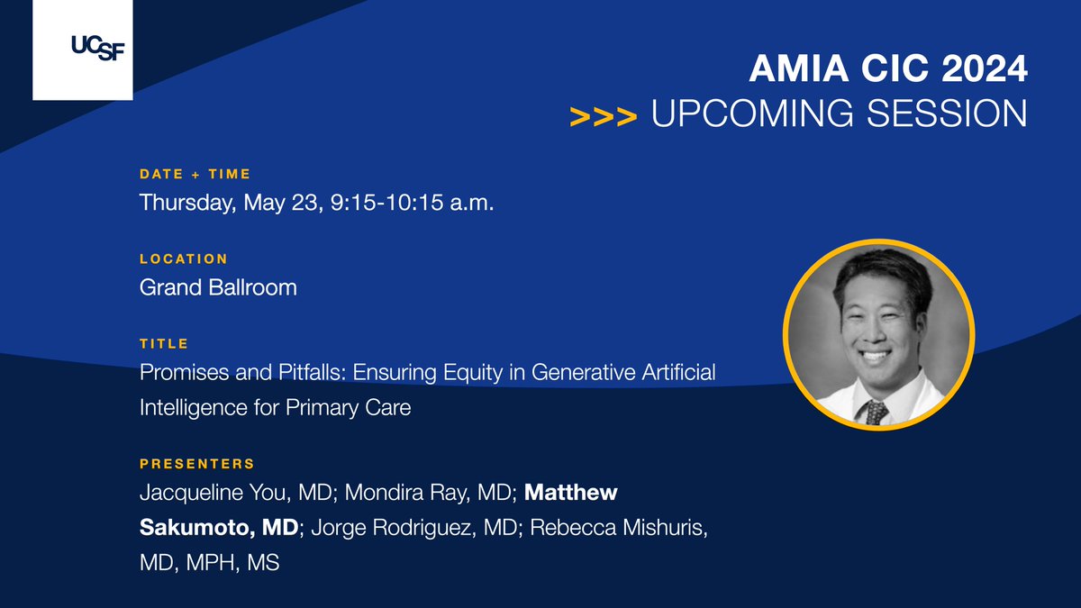 CLIIR-UCSF (@cliir_ucsf) on Twitter photo Interested in how new generative #AI solutions can promote equitable patient care and widen the digital divide in primary care? Don't miss this 9:15 a.m. CT panel ft. <a href="/MattSakumoto/">Matt Sakumoto</a>, Jacqueline You, Mondira Ray, Jorge Rodriguez & <a href="/rmishuris/">Rebecca Mishuris</a>. #CIC24 <a href="/AMIAinformatics/">AMIA</a> <a href="/UCSF_DOCIT/">UCSF DoC-IT</a> Interested in how new generative #AI solutions can promote equitable patient care and widen the digital divide in primary care? Don't miss this 9:15 a.m. CT panel ft. <a href="/MattSakumoto/">Matt Sakumoto</a>, Jacqueline You, Mondira Ray, Jorge Rodriguez & <a href="/rmishuris/">Rebecca Mishuris</a>. #CIC24 <a href="/AMIAinformatics/">AMIA</a> <a href="/UCSF_DOCIT/">UCSF DoC-IT</a>