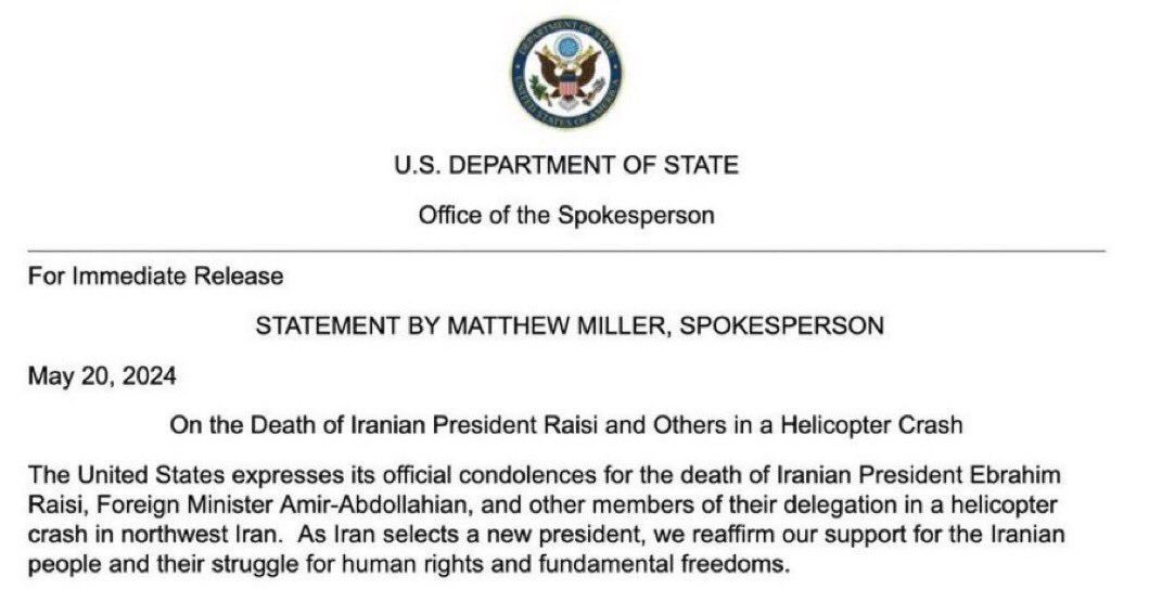 BREAKING: The US State Department has just sent its condolences to the Islamic regime of Iran after the death of Ebrahim Raisi, otherwise known as 'The Butcher of Tehran.' Wow, Joe Biden is really worried about losing Michigan. Via Trump Supporters Chanel Telegram