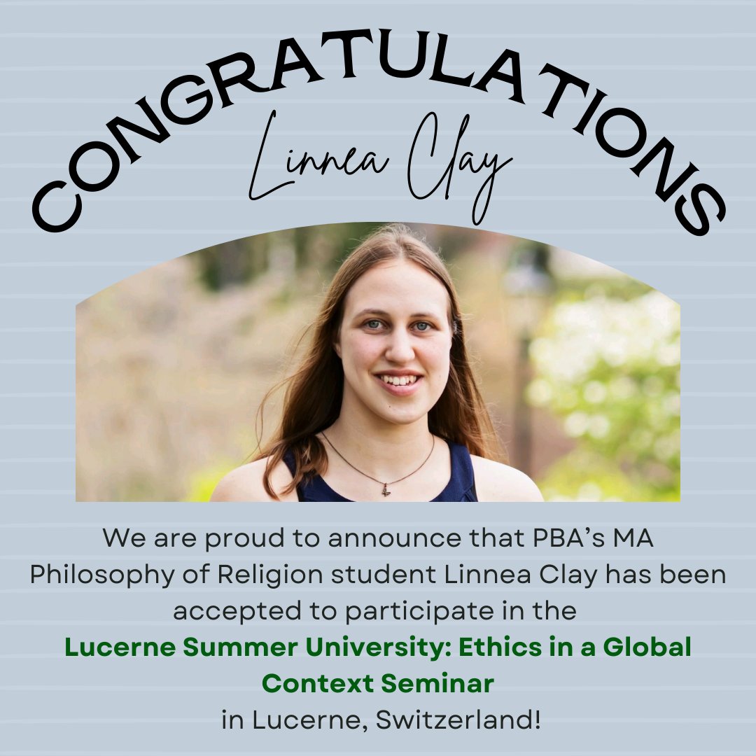 PBA's MA in Philosophy of Religion Program (@pba_mapr) on Twitter photo Congrats to MAPR student Linnea Clay for acceptance into this summer seminar at Lucerne. Have a great time Linnea! <a href="/DrPaulCopan/">Paul Copan</a> <a href="/paulmgould/">Paul Gould</a> <a href="/BRickabaugh/">Brandon Rickabaugh</a> Congrats to MAPR student Linnea Clay for acceptance into this summer seminar at Lucerne. Have a great time Linnea! <a href="/DrPaulCopan/">Paul Copan</a> <a href="/paulmgould/">Paul Gould</a> <a href="/BRickabaugh/">Brandon Rickabaugh</a>