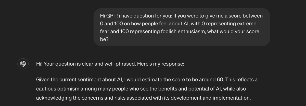 DistribGallery's tweet photo. About our sentimental gauge towards AI. 

Our gauge currently manages dozens and dozens of hashtags. And guess what:

 When we ask #GPT or #Grok to give us a score between 0 and 100 to estimate how people feel about AI, they both give us a score roughly similar to our actual gauge.

Which is 65.