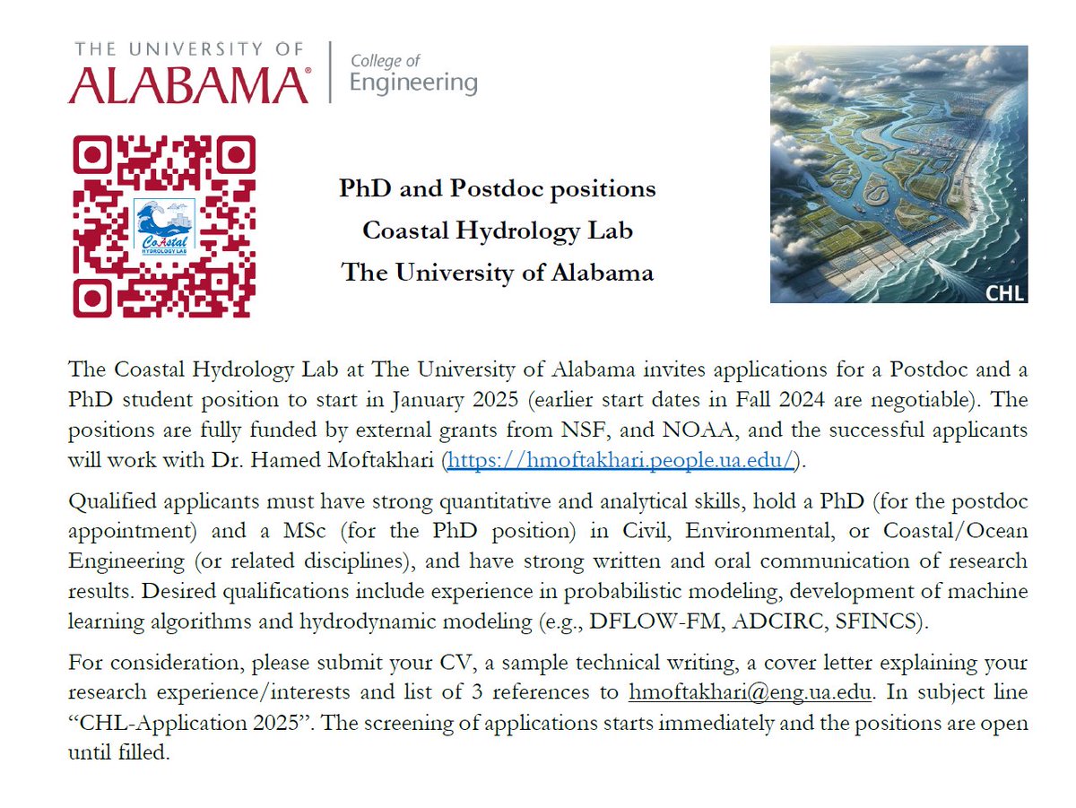 📢Join our Coastal Hydrology Lab @UofAlabama on a postdoc or a fully-funded PhD appointment to enjoy collaborative research on compound coastal hazards through projects funded by @NSF and @NOAA @UA_CIROH, please apply now & help spread the word!! hmoftakhari.people.ua.edu