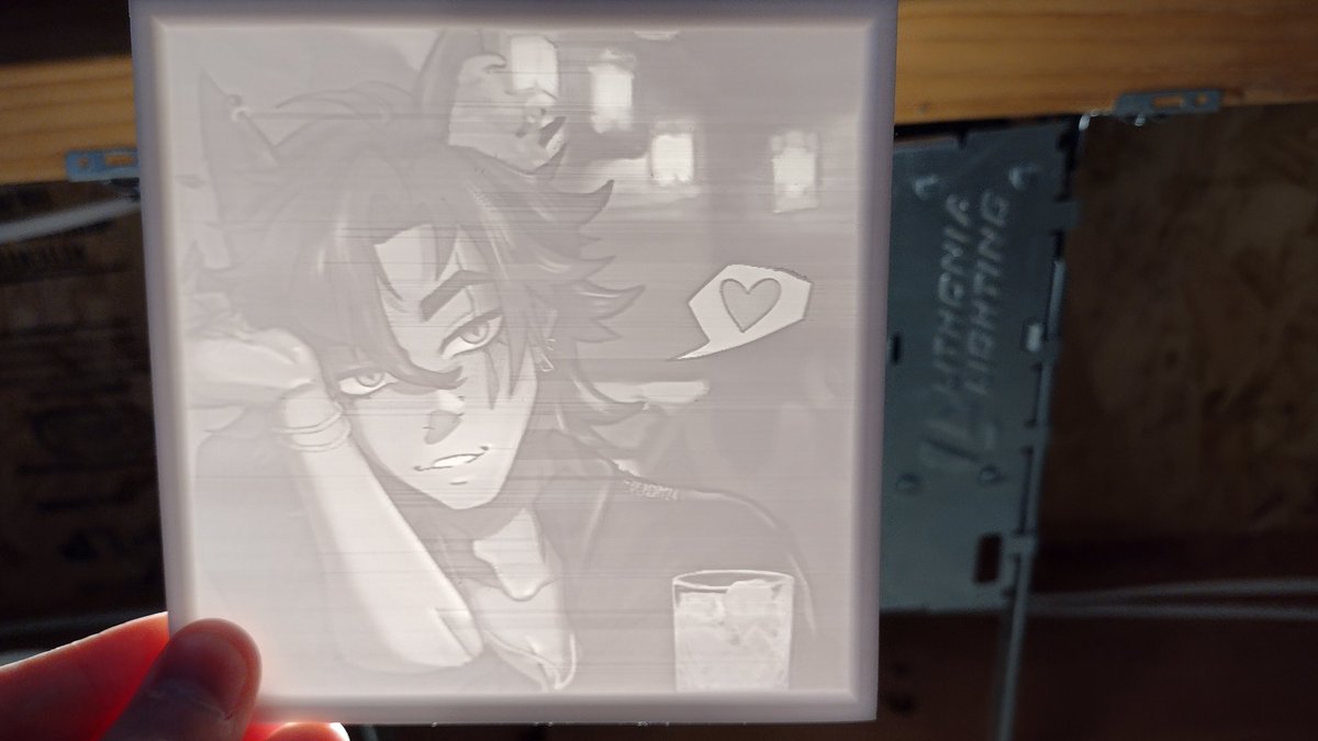 Next up on the #vtuber lithophanes is one of the mofongo boys @Andy_Ssj5 with art by @PeachyRana_ #Andyart #mofongoboys. A little gloomy this morning but it still came out looking good.