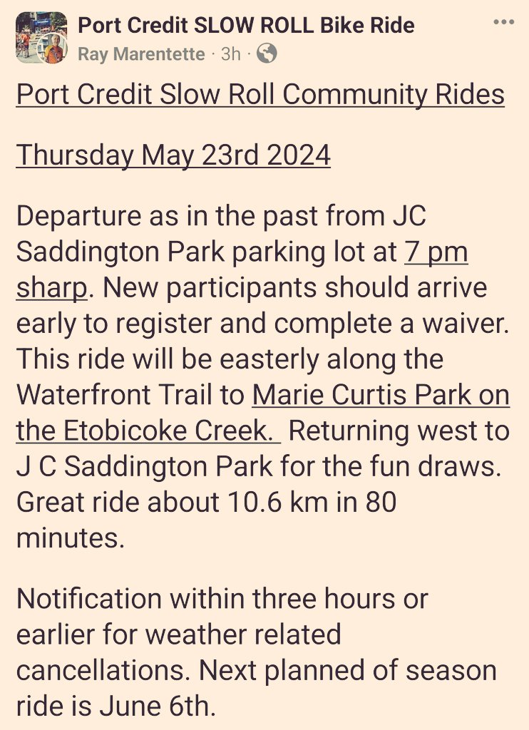 PORT CREDIT SLOW ROLL: Thurs May 23 @ 6:30pm 📄 ⚙️🔧for 7pm departure from 📍JC Saddington Park in #PortCredit 🔄~10.6km east to Marie Curtis Park 🦺🚴🏾🚴‍♀️🚴🏽‍♂️ Ride & prize draw details 🔗: facebook.com/share/p/sVWWQp… 🆓️ All Welcome! 📧 pcslowroll@gmail.com | #bikeMississauga 🚲