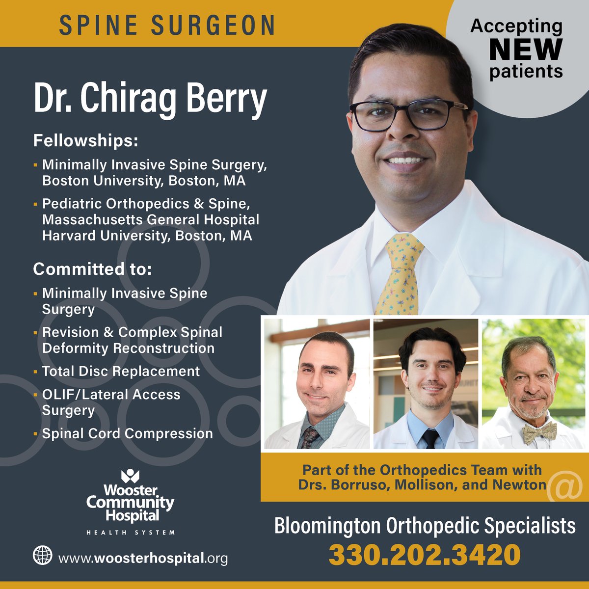 🔹 Dr. Chirag Berry is accepting new patients at Bloomington Orthopedic Specialists! 🔹
Experiencing back pain? Dr. Berry, board-certified by ABOS, specializes in spine injuries and scoliosis. Benefit from his expertise. Book now! Call 330.202.3420. #SpineCare #BackPainRelief