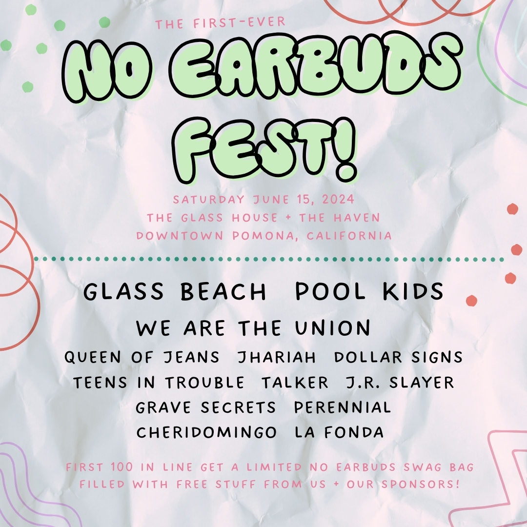 Less than a month til No Earbuds Fest! 🚀✨ Featuring @glassbeach @poolkidsband @wearetheunion @JhariahClare @queenofjeansPHL @DollarSignsBand @cheridomingo @talkerceleste @JRSlayerjams @LaFondaMusic @Perennialband & more Get your tickets now: noearbuds.com/fest