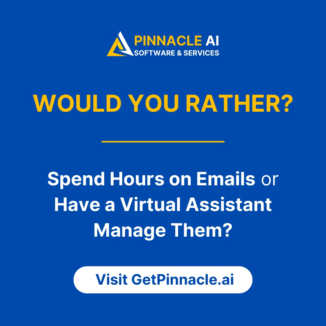 We all have tasks we'd rather avoid. Wouldn't it be great to delegate email management and free up your time for more strategic work? ✨

That's the power of Pinnacle Ai's virtual assistants!

#PinnacleAi #VirtualAssistantLife #WouldYouRather