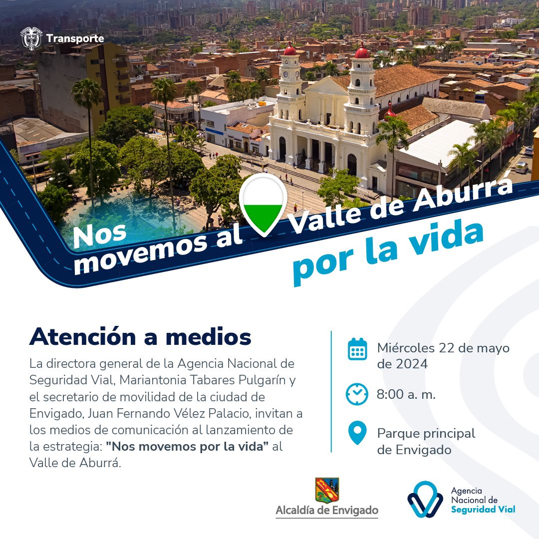 La Agencia Nacional de Seguridad Vial en asocio con <a href="/MovilidadEnv/">Secretaría Movilidad</a> realizará una atención a medios en el marco de una intervención del 20 al 24 de mayo, con distintas actividades para fortalecer la seguridad vial en el territorio. <a href="/JuanFdoVelezP/">Juan Fdo Vélez P</a>