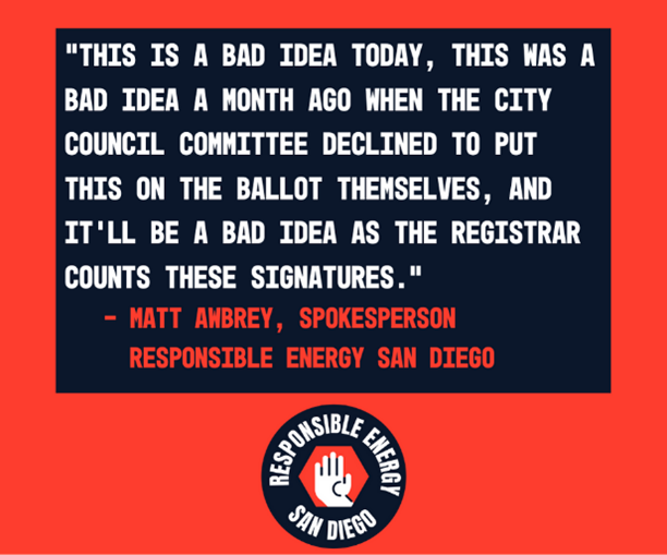 The initiative to force a government takeover of our electric grid fell far short of its 80,000-signature goal. San Diegans know paying $9.3B in new debt for a   reckless takeover of the electric grid isn’t a good idea. bit.ly/4bGaSeA | responsibleenergysd.com