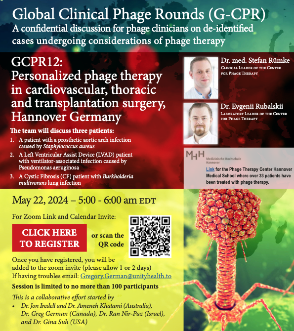 Global Clinical Phage Rounds (@phagerounds) on Twitter photo Next #GCPR session is 22nd May! - sign up bit.ly/MHHGERMANY
We will hear from the Phage Therapy Center, Hannover where they have treated 33 patients with phage therapy. Stefan Rรผmke and Evgenii Rubalskii will be discussing 3 cases @MHH_life <a href="/DrGregGerman/">Greg German MD PhD FRCPC DTM&H</a> <a href="/PhageAustralia/">Phage Australia - Connect. Discover. Cure</a> Next #GCPR session is 22nd May! - sign up bit.ly/MHHGERMANY
We will hear from the Phage Therapy Center, Hannover where they have treated 33 patients with phage therapy. Stefan Rรผmke and Evgenii Rubalskii will be discussing 3 cases @MHH_life <a href="/DrGregGerman/">Greg German MD PhD FRCPC DTM&H</a> <a href="/PhageAustralia/">Phage Australia - Connect. Discover. Cure</a>