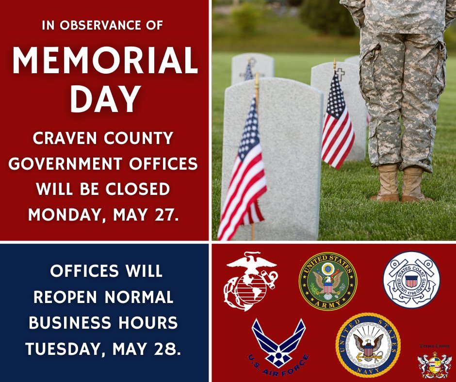 Craven County Government offices will be closed on Monday, May 27 in observance of Memorial Day. Offices will reopen normal business hours Tuesday, May 28. There will be no change in the curbside trash, recycling collection, or convenience center schedules during this holiday.