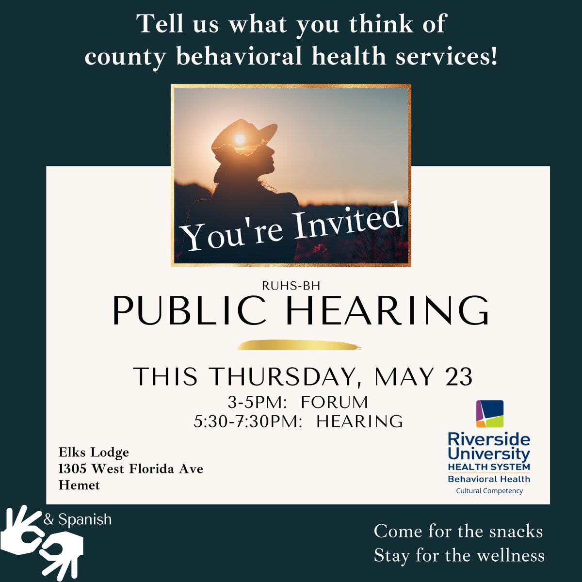 BasiliskDocile's tweet photo. You're in Lake Elsinore, Perris, Temecula, Murrieta, Menifee or Hemet?! This Thursday let Riverside County Behavioral Health leadership know what emerging therapies you'd like to see, and which programs you like/dislike!
#ruhsbh
#MentalHealthMatters
#DisabilityPride
#DeafFriendly https://t.co/jkm8sDgsIo