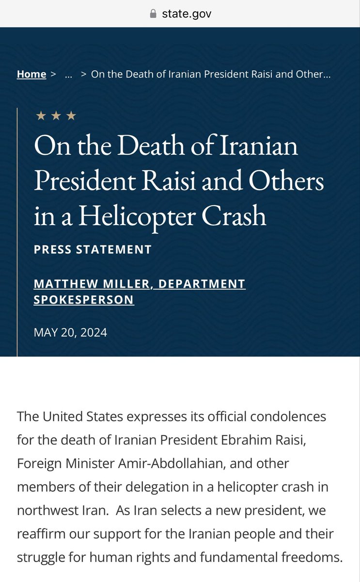 1/2 US sanctioned Raisi for being “involved in the regime’s brutal crackdown on Iran’s Green Movement protests… Raisi participated in a so-called ‘death commission’ that ordered the extrajudicial executions of thousands of political prisoners in 1988.” Biden offers condolences.
