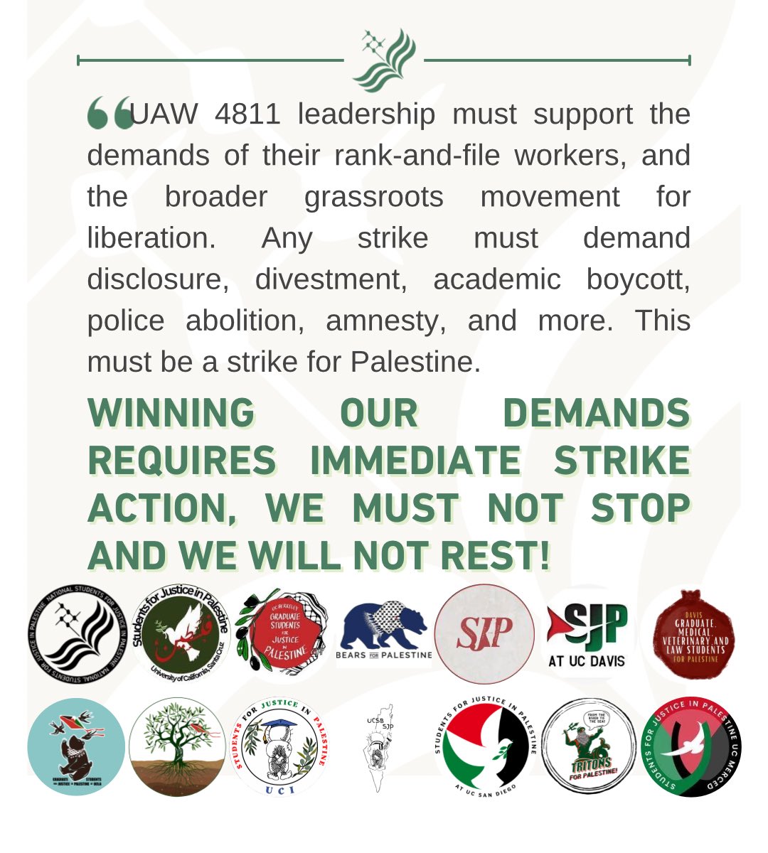 🚨UC SJP STATEMENT ON A STRIKE FOR PALESTINIAN LIBERATION🚨 UC Students for Justice in Palestine celebrate the solidarity of UAW 4811 workers who overwhelmingly voted to authorize a strike. UAW 4811 must immediately call a strike at all University of California Campuses. Any