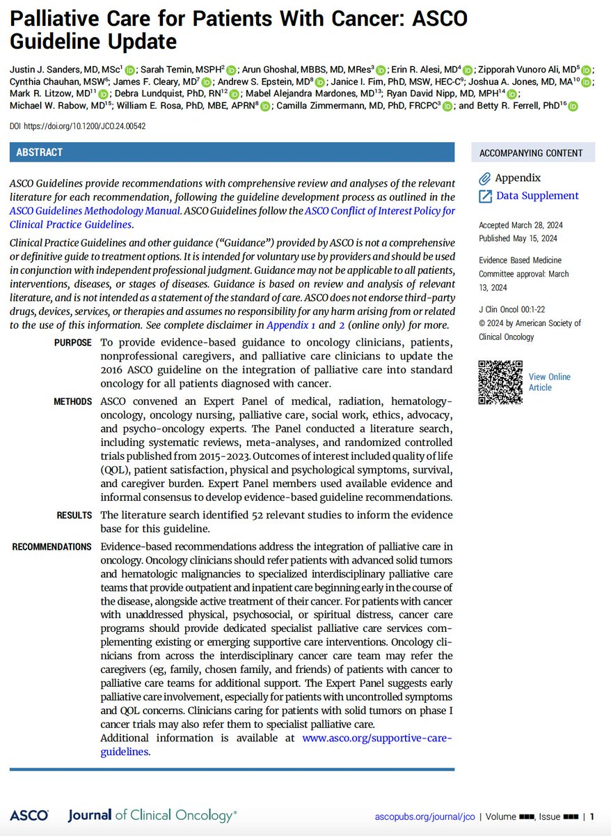 📚New @ASCO #PalliativeCare guideline for people with #cancer➡️A JOY to serve on the expert panel with these brilliant & passionate colleagues🌟New recs for patients with heme malignancies & those on clinical trials📌Full guideline: society.asco.org/practice-patie…☮️