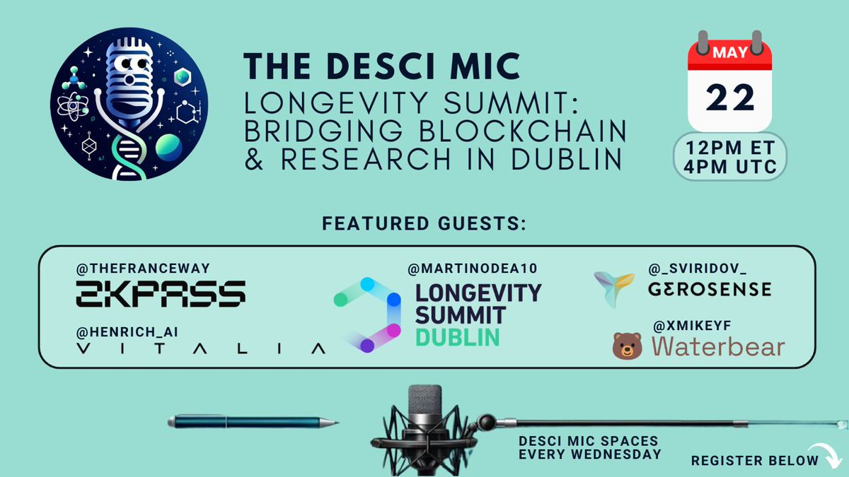 🚀Get ready for this week's DeSci Mic!🎙️ 🌱We're heading to the Longevity Summit in Dublin to explore how it's bridging Blockchain and Research. 🌟Dive into the fusion of traditional conferences with DeSci and blockchain with our star-studded lineup! 🌈 Don't miss out! 👇👇👇