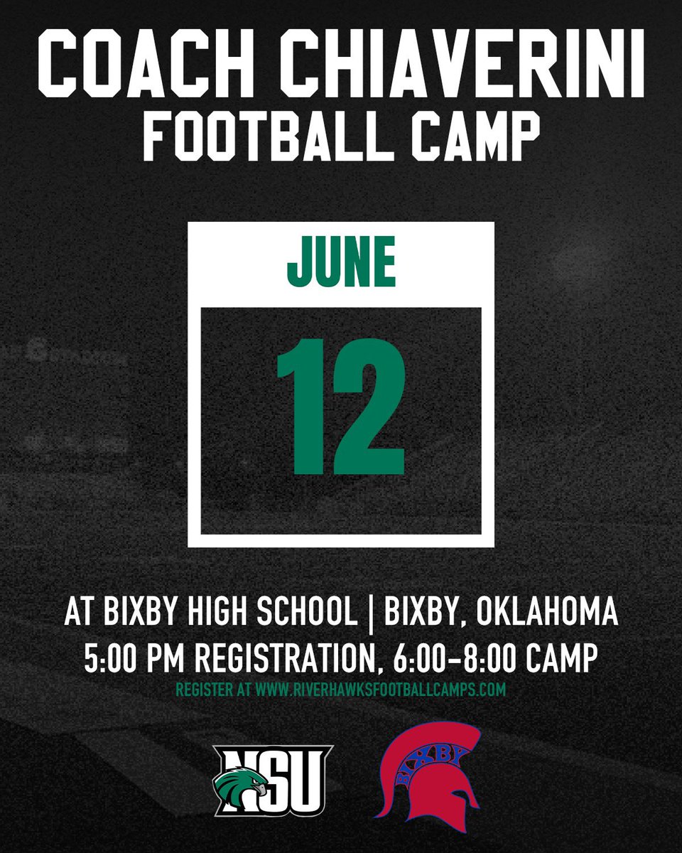 Excited to announce our 1st satellite camp at Bixby high school on June 12th! Looking forward to seeing our Tulsa high school football players there! Register riverhawksfootballcamps.com 🦅🔥🦅🔥🦅🔥🦅🔥🦅🔥🦅🔥🦅🔥🦅