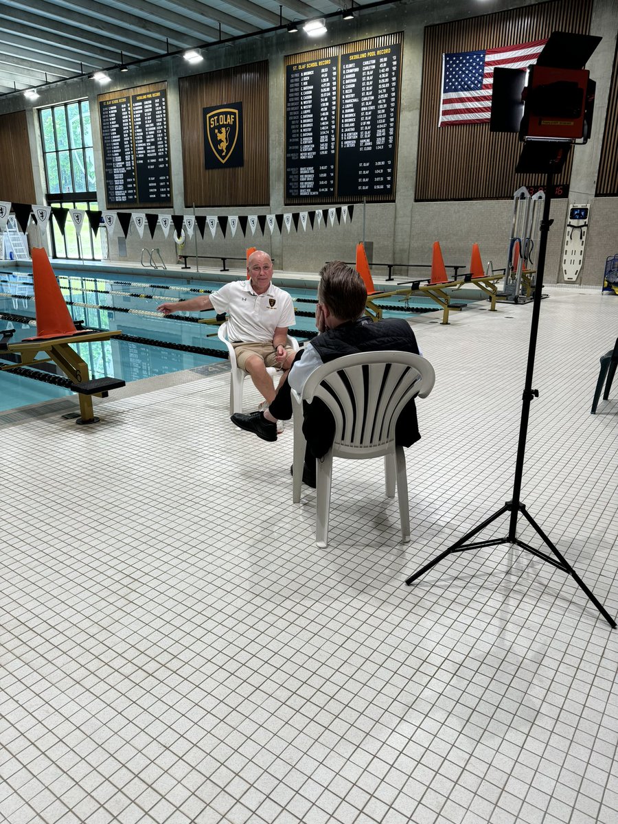Thanks to @joemazankstp for stopping by campus to interview head swimming and diving coach Bob Hauck ‘87. Tune into @KSTP later this week for the story on his family’s legacy on the Hill! #UmYahYah | #OlePride | #d3swim