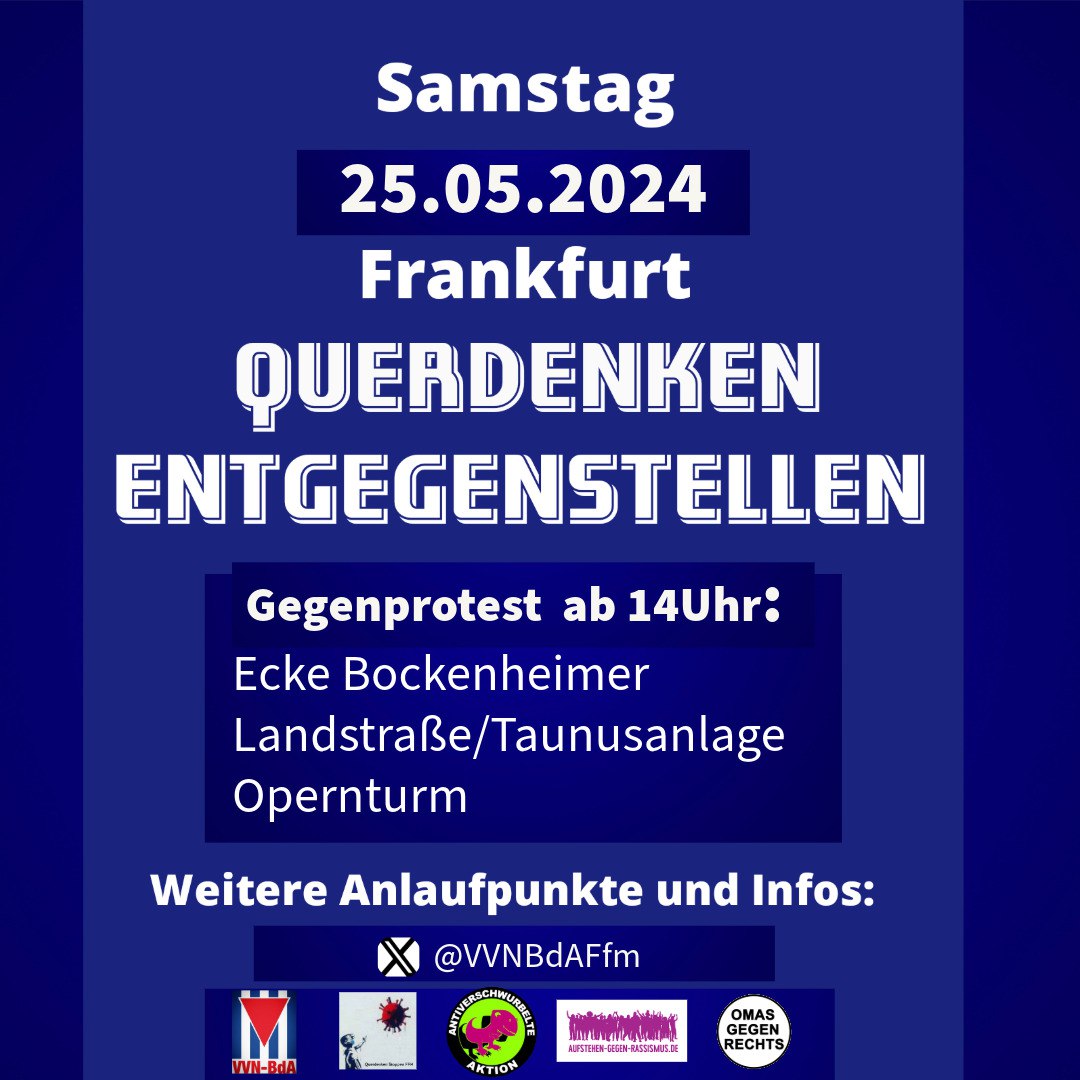 VVNBdAFfm's tweet photo. STOPPT DIE AFD UND DIE VERSCHWÖRUNGSMYTHENANHÄNGER!
Gegenprotest:
Samstag, 25.05.2024
ab 14:00Uhr
Ecke Bockenheimer Landstraße/ Taunusanlage Opernturm
https://t.co/z6slisVKYM
#NoAfD #NoNazis #NoQuerdenken #Frankfurt #FFM #FFM2505 #Opernturm #Opernplatz #AlteOper #Taunusanlage https://t.co/pTreRPQhXm