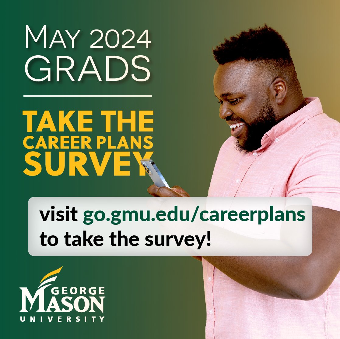Calling all May 2024 graduates - don't forget to take the Career Plans survey! Best wishes to all of you as you begin your career journeys.
#careerplans @masoncareer