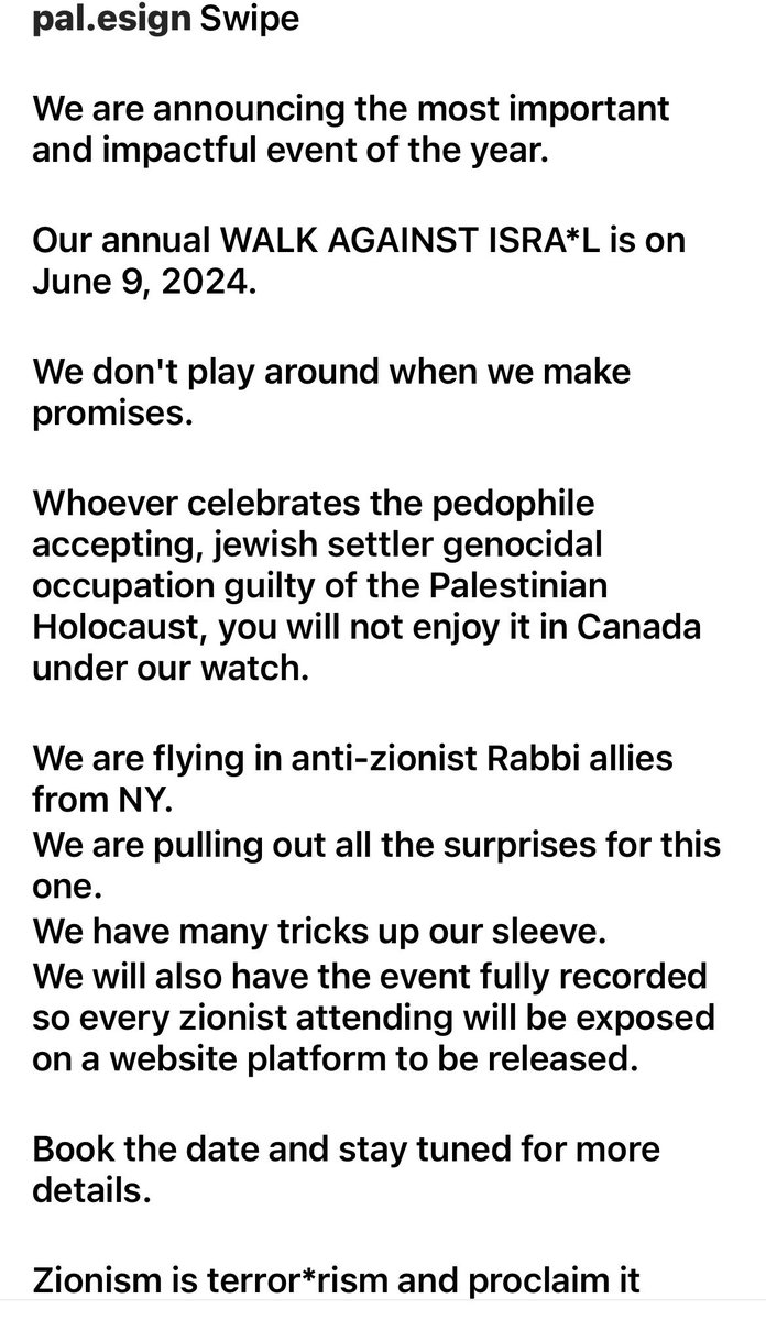 The Antisemitic Pro Hamas Pali.sign Is Planning To Disrupt The Toronto Walk For Israel By Blocking The Intersection Of Bathurst And Wilson & More.  Join Israel Now For A Proper Jewish Response! conta.cc/4dHEb2t