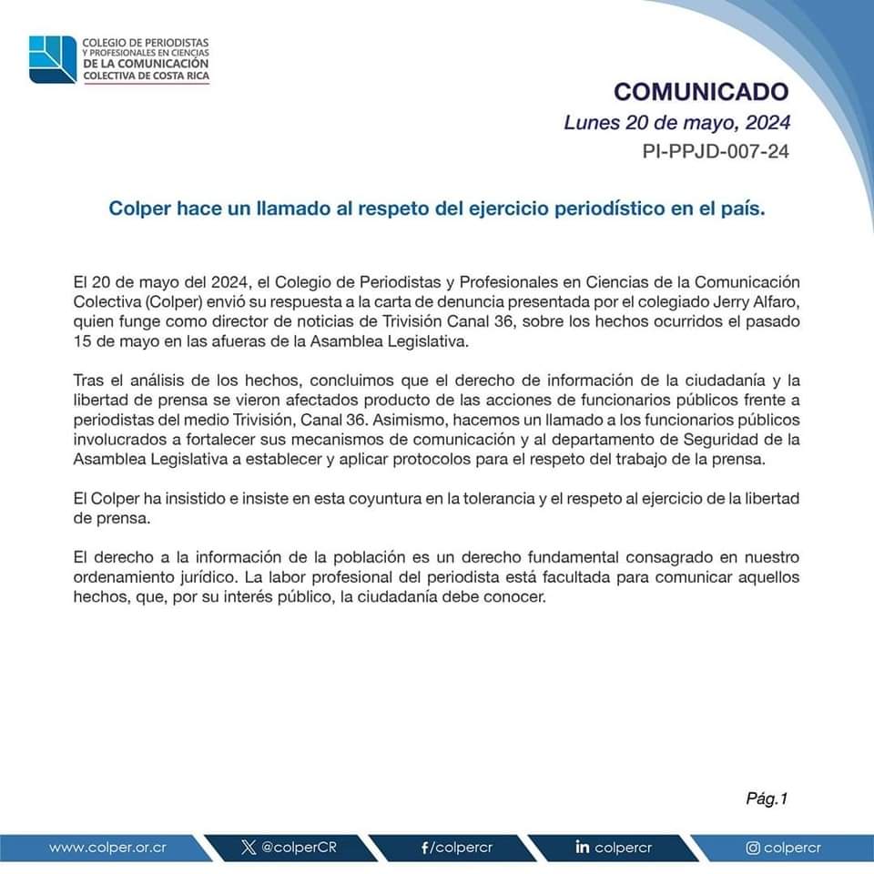 La repuesta de <a href="/ColperCR/">Colper - C.R.</a> ante la denuncia del periodista Jerry Alfaro, curiosamente hace un llamado a los funcionarios públicos que obstruyeron la libertad de prensa, pero no dice nombres,
Dinora Barquero y Katherine Moreira dip de <a href="/DiputadosPLN/">Fracción Liberación</a>.
Una vergüenza de comunicado.