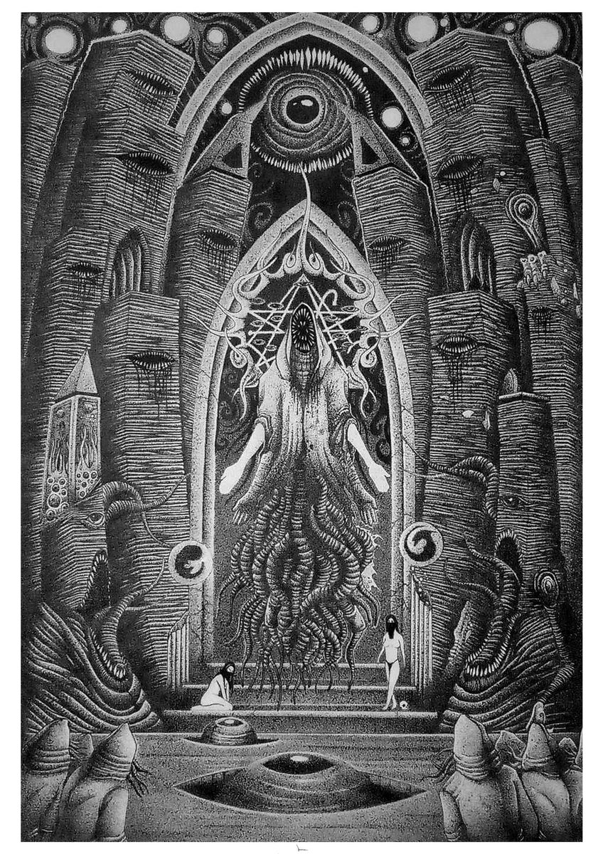 💀In unlighted chambers beyond time amidst the muffled, maddening beating of vile drums & the pipping of thin, monotonous flutes-slowly dance, the blind, voiceless, mindless Other Gods whose soul & messenger is the crawling chaos Nyarlathotep🎨Gabriel Vorace Portela💀#HPLovecraft
