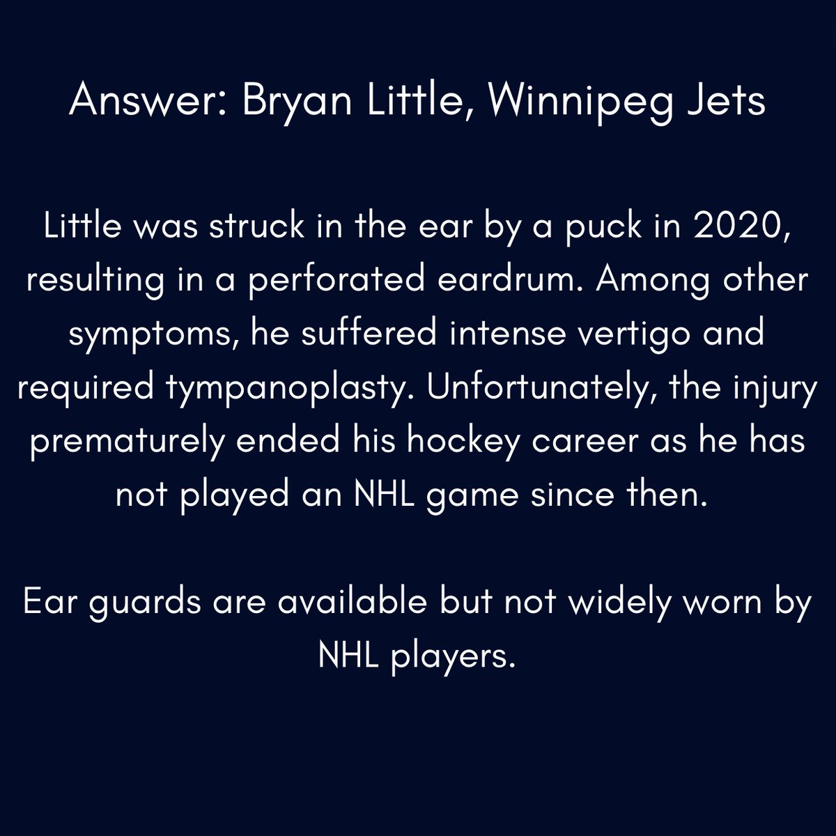 It’s hockey night in Canada! Tonight, two Canadian teams (#canucks vs #oilers) will be facing off in Game 7 to head off to the western conference finals. 

Ear injuries from slap shots are common in the NHL, and can result in pinna lacerations and TM perforations!