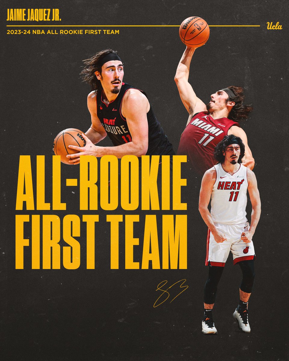 UCLAMBB's tweet photo. 𝐍𝐁𝐀 𝐀𝐥𝐥-𝐑𝐨𝐨𝐤𝐢𝐞 ... first team ‼️💥

Congrats to our guy, Jaime Jaquez Jr. (@jaquez_jr), on the rookie 𝐫𝐞𝐜𝐨𝐠𝐧𝐢𝐭𝐢𝐨𝐧 in the NBA.

Jaime’s rookie season statistics – 11.9 ppg, 3.8 rpg and 2.6 apg, through 75 contests.

🏀🙌🏽: https://t.co/DcqsfwxWUQ https://t.co/qhZ8qH7oTo