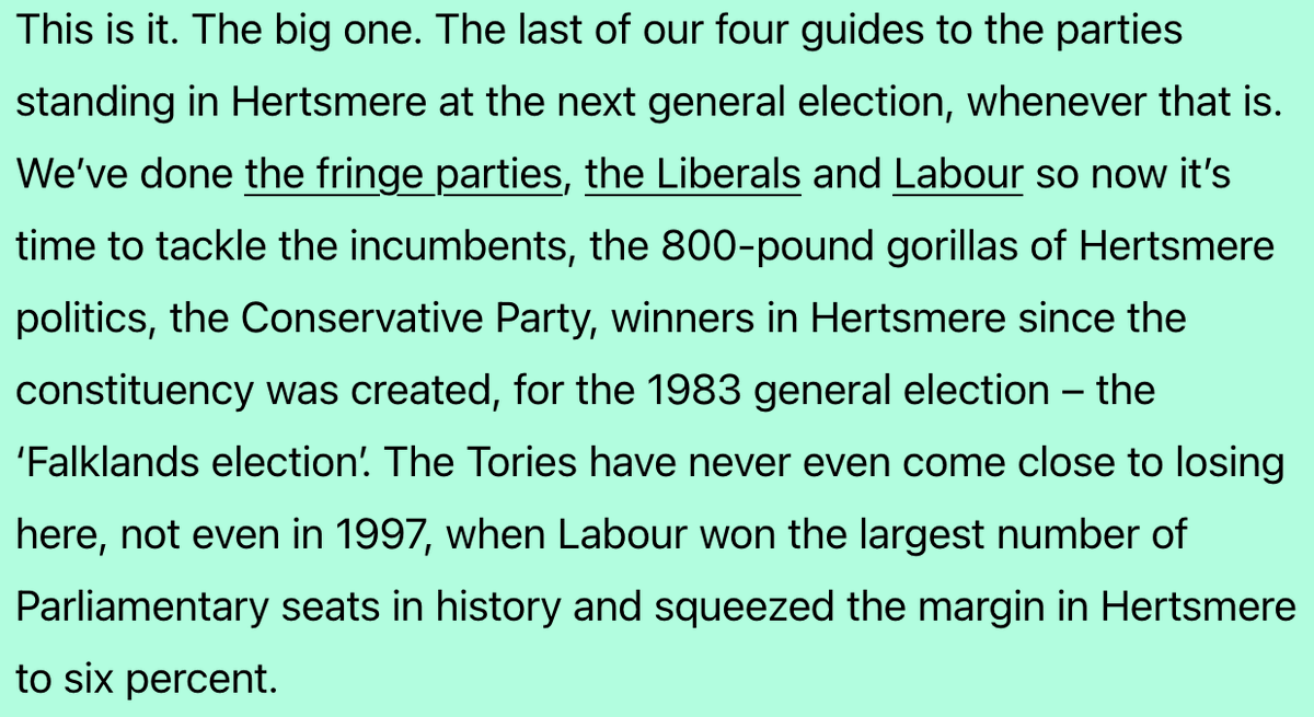 We know it could still be NINE MONTHS before the general election, but we've already published the first three parts of our Hertsmere general election guide - the fringe parties, the Liberals and Labour. So it's time for @OliverDowden and the Tories: bit.ly/3wI1kRx