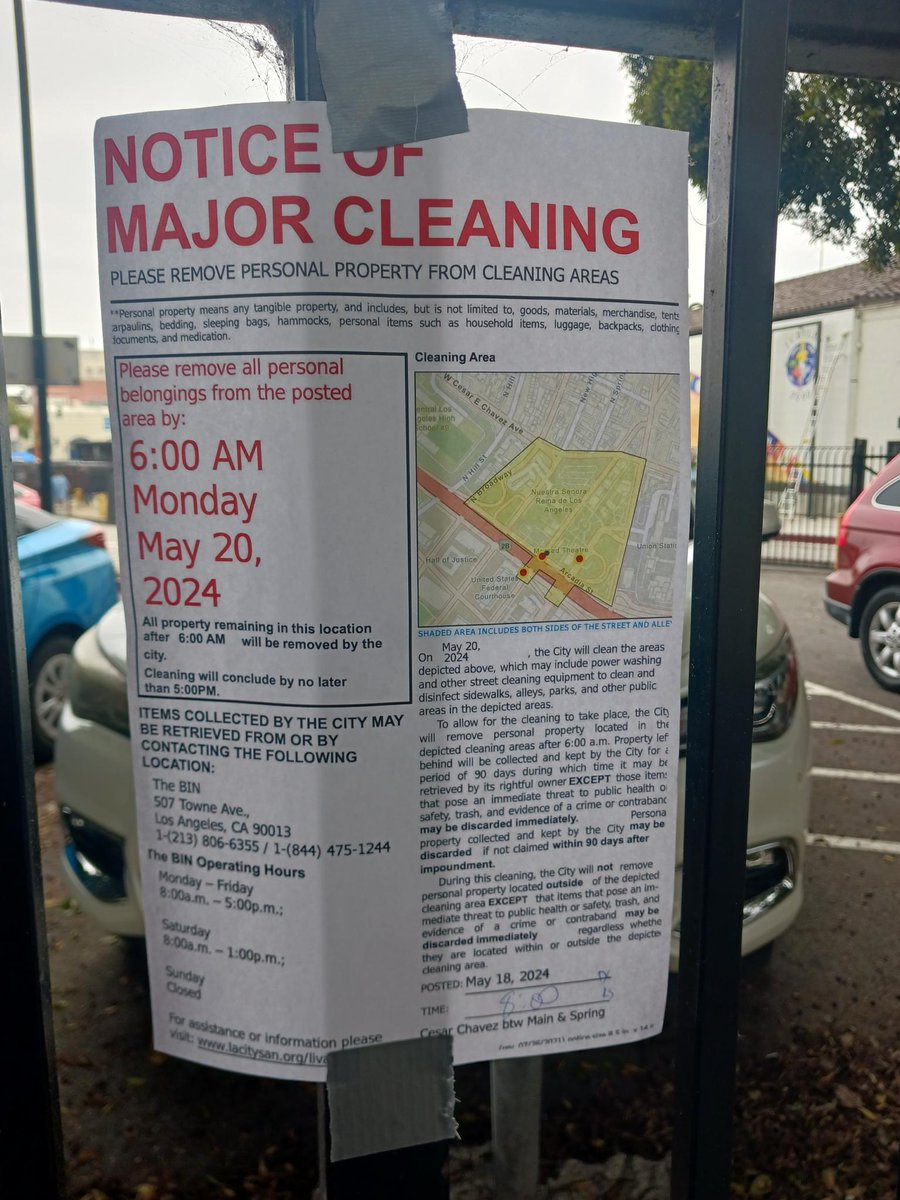 On Saturday we found signs giving notice for today's 41.18 sweep of the area between Broadway, Alameda, Cesar Chavez and Arcadia. This is a really big area with a lot of unhoused community members.