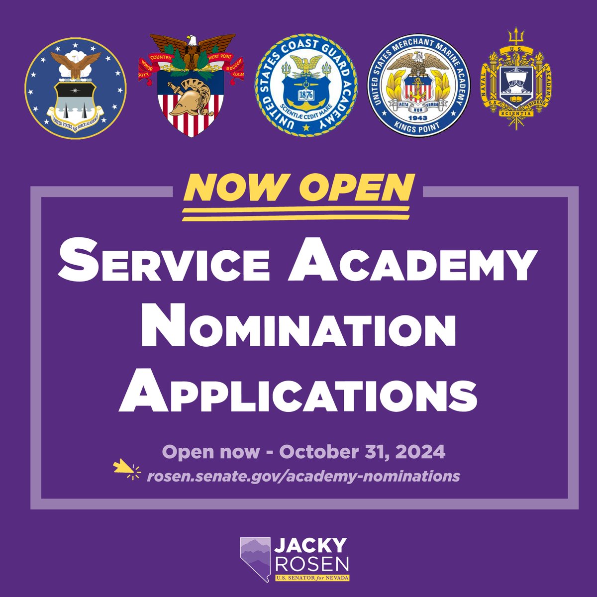 Are you interested in attending a United States Service Academy? Our application portal is open through October 31. I look forward to nominating Nevadans who are passionate about serving our nation! Apply today: rosen.senate.gov/academy-nomina…