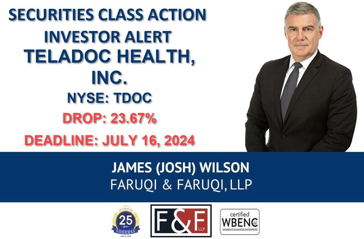 Teladoc Health, Inc. Class Action Lawsuit $TDOC     

Teladoc Health Deadline: July 16, 2024          

Learn More Here: faruqilaw.com/TDOC 

#faruqilaw #NYSE #NYSEListed #stocks #stockmarketnews #StocksInNews #investing