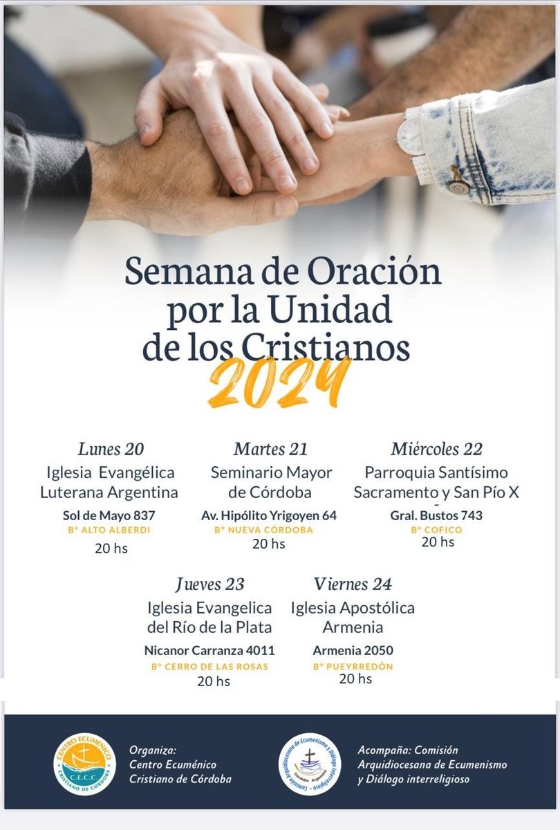 Como Iglesia que peregrina en Córdoba, queremos unirnos en una oración común, en esta nueva Semana de Oración por la Unidad de los Cristianos 2024. Los invitamos a participar en las diferentes celebraciones ecuménicas, para que podamos unirnos en la oración común...