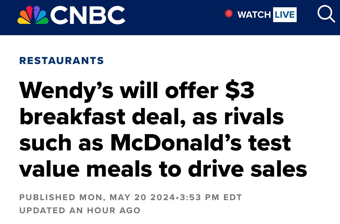 That’s three high-profile consumer companies cutting prices in May. #CPI 1. McDonald’s 2. Target 3. Wendy’s $MCD $TGT $WEN @CNBC @talmonsmith @byHeatherLong @knowledge_vital #DoveBait 🕊️ cnbc.com/2024/05/20/wen…