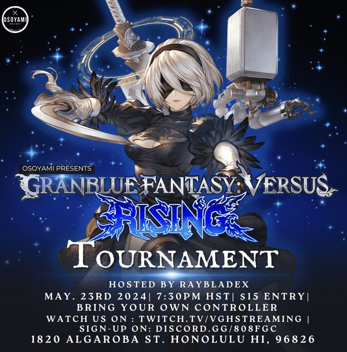 This Thursday, we’ll be holding a Granblue Fantasy Versus Rising tournament over at @osoyami808 - Casuals start at 6pm, with the tournament beginning at 7:30pm. #808fgc