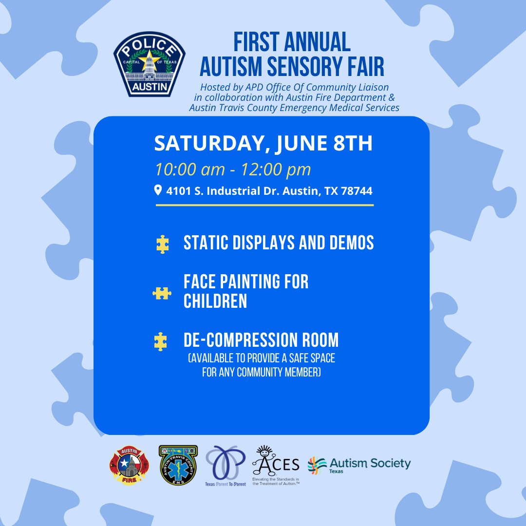 Austin_Police's tweet photo. Join us for the 1st. Annual Autism Sensory Fair! This event is a great opportunity to promote public safety awareness and education between Austin first responders and our local autism community. Come out to enjoy static displays, demos, and more. We can't wait to see you there! https://t.co/CVkAjGWdA0