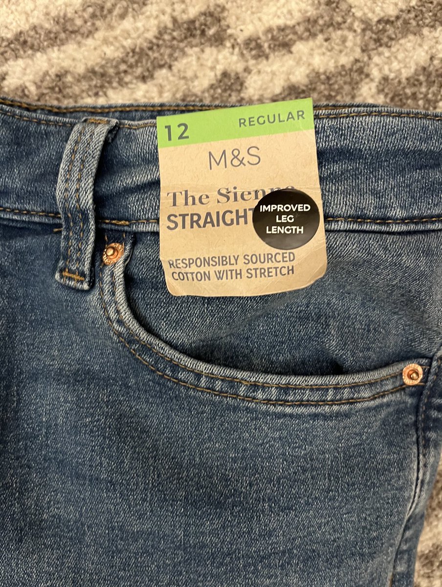Oh ⁦<a href="/mandsireland/">Marks&SpencerIreland</a>⁩ why would you do this? Spent ages finding great-fitting jeans before Christmas. So good I bought the same pair today only to find when I got them home that today’s ‘regular’ length is shorter than last year’s ‘regular’. How is shorter an improvement?