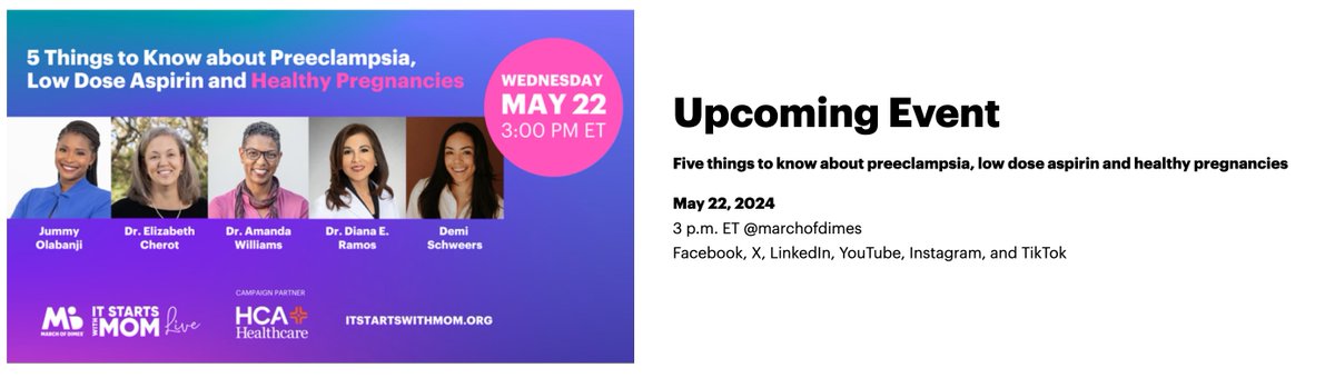 Join me along with @DrDianaRamosMD @ECherot @JummyNBC and a mom with recent #preeclampsia as we discuss the new @MarchofDimes #LowDoseBigBenefits campaign to promote low dose aspirin to prevent preeclampsia and #pretermbirth building off the @cmqcc work we have done in California