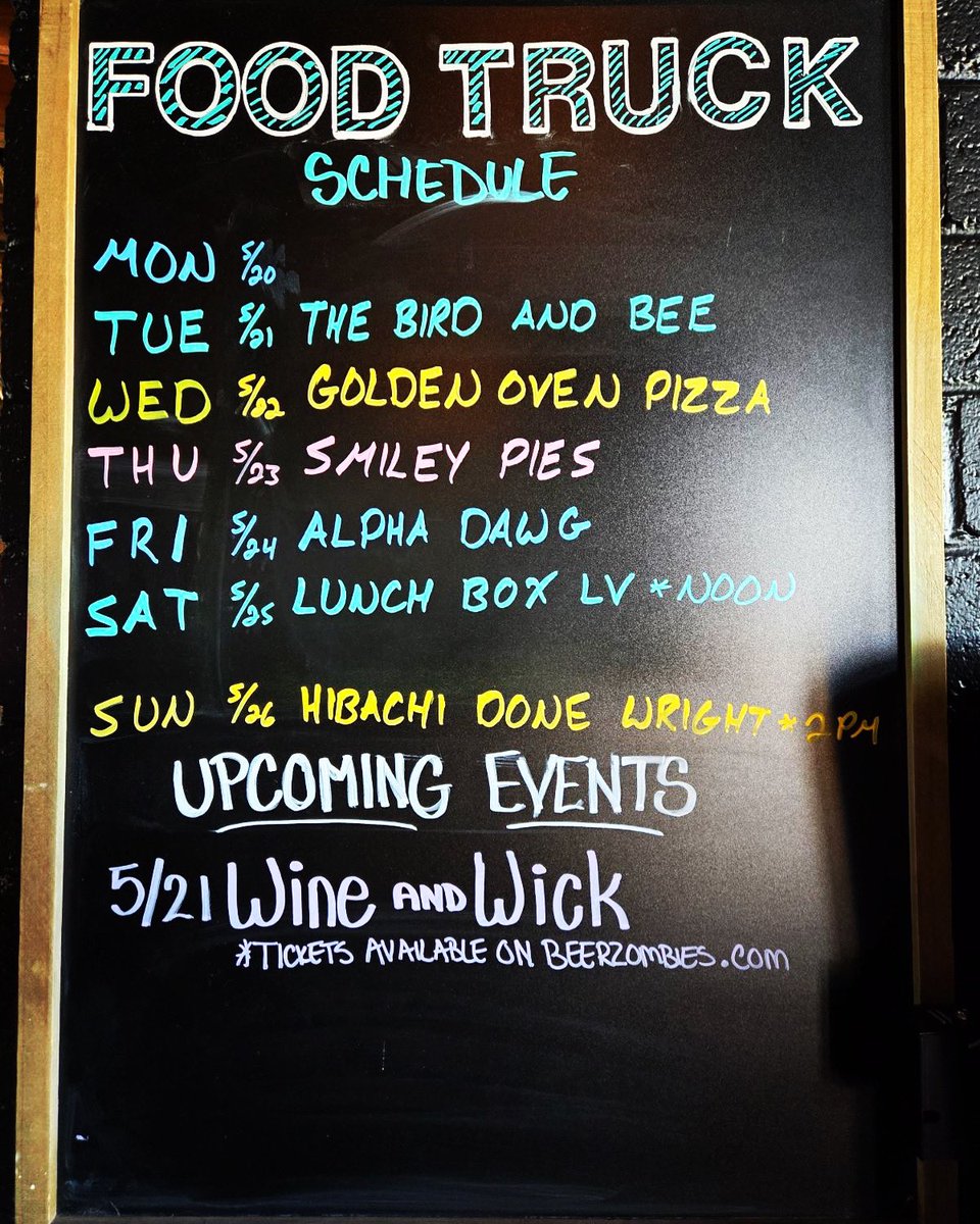 Here are this week’s food trucks down at the brewery! 🍔🌮🌯🍕🌭🥟🍟 #foodtrucks 

Monday: 
Tuesday: @thebirdandbeelv 
Wednesday: @goldenovenpizza 
Thursday: @heysmileypies 
Friday: <a href="/alphadawg_lv/">Alpha Dawg LV</a> 
Saturday: @thelunchbox.lv 
Sunday: @hibachidonewrightlv