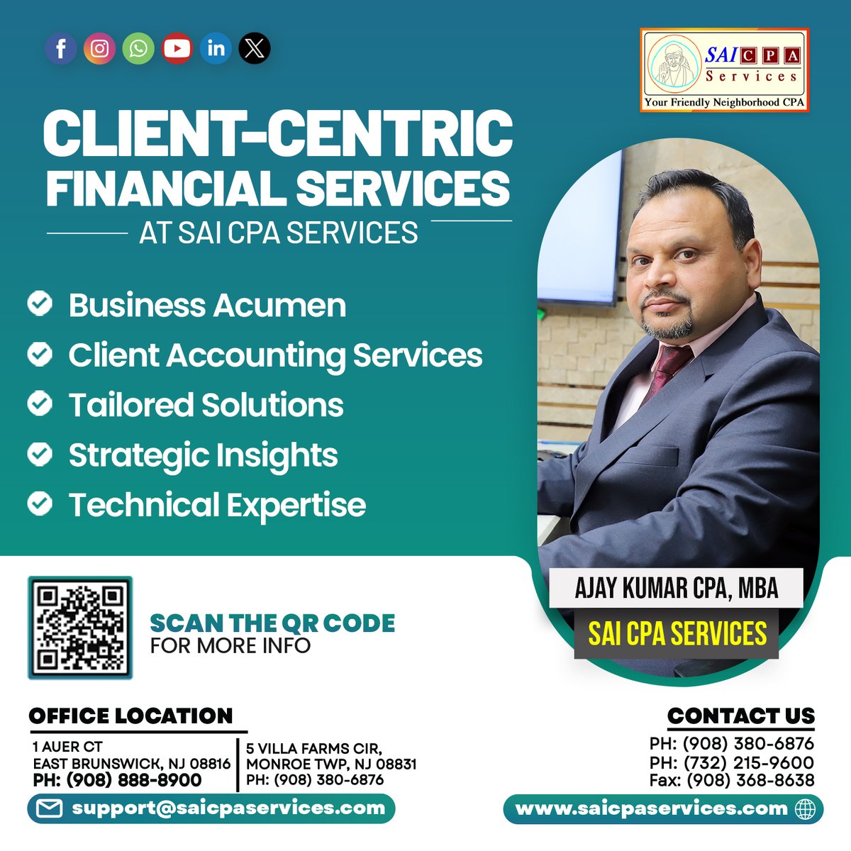Customized Client-Focused Financial Solutions at SAI CPA Services

Contact Us: saicpaservices.com
(908) 380-6876

#SAICPAServices #ClientCentric #BusinessAcumen #AccountingServices #TailoredSolutions #StrategicInsights #TechnicalExpertise #FinancialServices