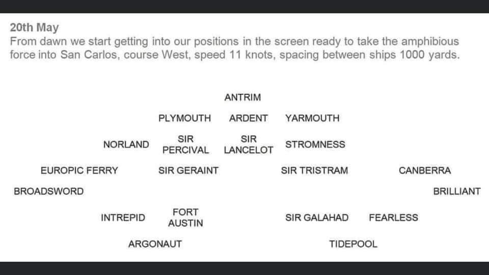 May 20th 1982: As the counter invasion of the #Falklands begins, the Amphibious Landing Group and support ships form up in defensive formation and prepare to enter the TEZ, with HMS Antrim leading the way, Ardent, Plymouth and Yarmouth in support.....
