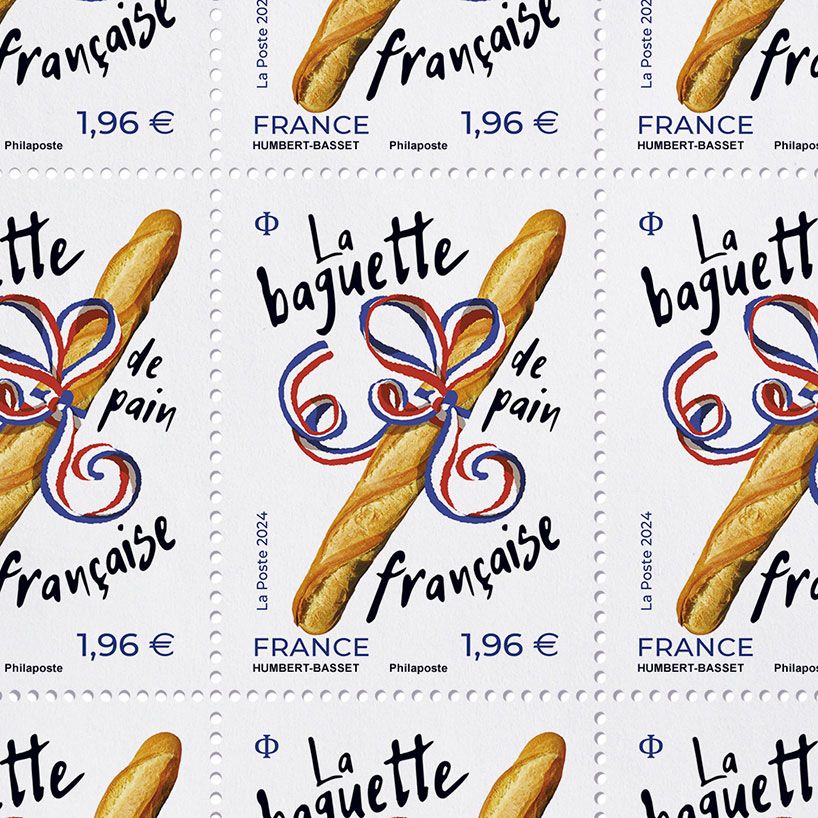 designboom's tweet photo. france's new scratch-and-sniff postage stamps smell like a fresh baguette https://t.co/pzExQ9Xp87 https://t.co/uY9ILUb6EY