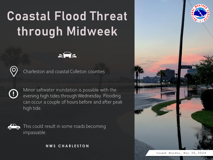 Minor saltwater inundation is possible with the evening high tides through Wednesday, mainly along the Charleston and Colleton county coasts. Flooding can occur a couple of hours before and after peak high tide. #scwx #chswx