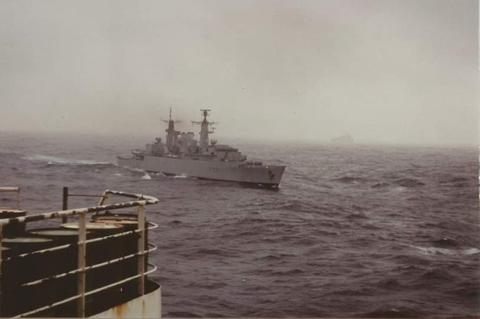 May 20th 1982: The word spreads as people start to prepare. Here, in this photo, HMS Broadsword is approaching MV Norland to give the news that Operation Sutton is commencing....