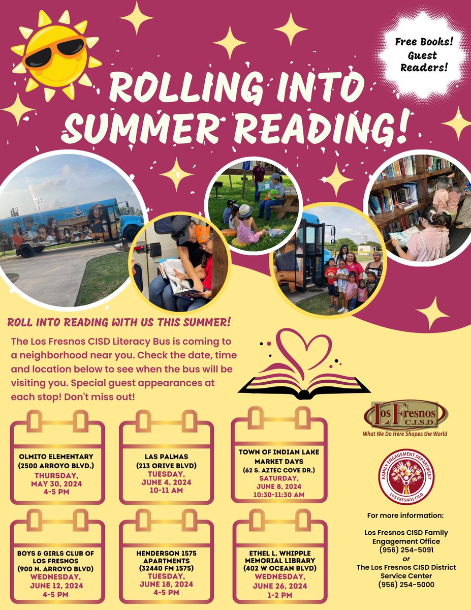 There's only 3 days left until summer break ☀️ The Los Fresnos CISD Literacy Bus is making stops across the district this summer! Join us every week at a new location through the end of June ☀️