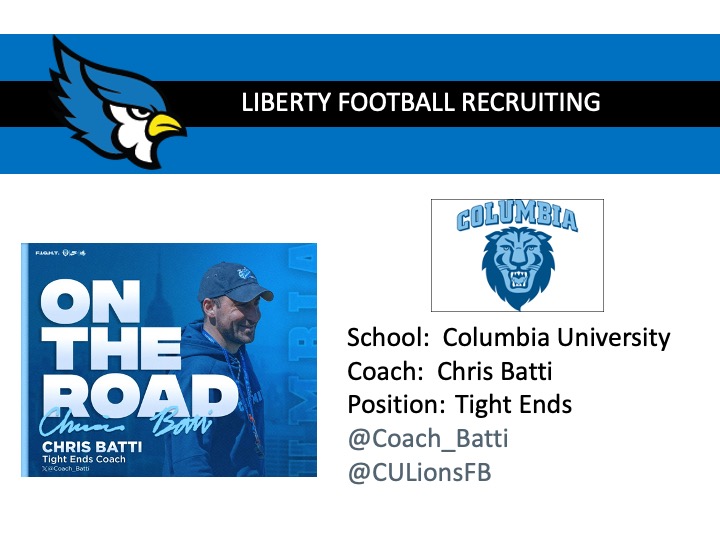 Thanks to Coach Chris Batti @Coach_Batti from Columiba University Football @CULionsFB for visiting Liberty High School today!