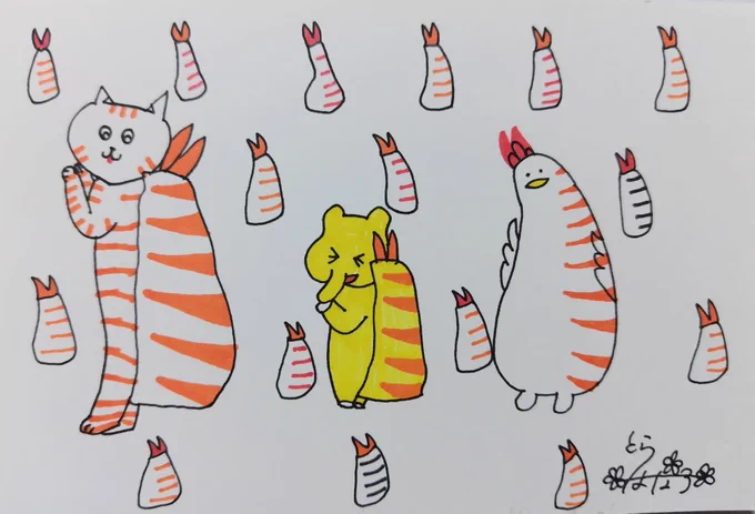 おはようございます!!
エビになってみた三人衆!!
今日も素敵な火曜日を〜🤗
#絵描きさんと繋がりたい 
#みんなで楽しむTwitte展覧会 
#アナログイラスト #家の三人衆 