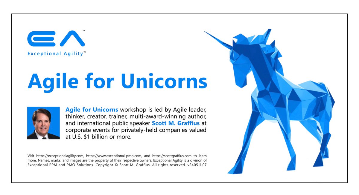 Agile Scrum author @ScottGraffius has presented talks and workshops at 90 events across 25 countries.

UNICORNS: Check out his newest session, “Agile for Unicorns” 🦄 at scottgraffius.com/resources/Scot….

#Startup #Unicorn #VC #Speaker #CorporateSpeaker #PrivateEvent #Agile #Scrum