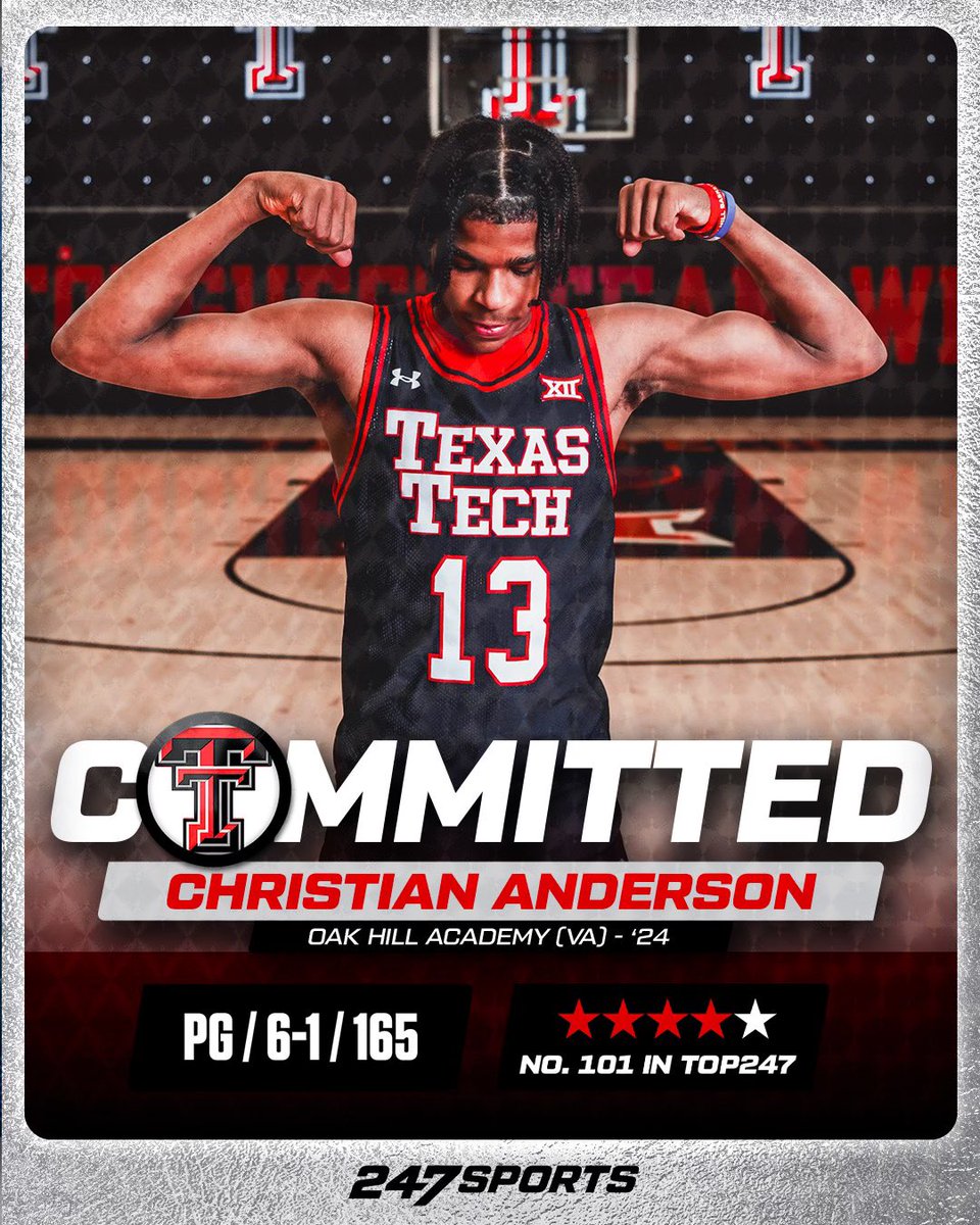 NEWS: Four-star PG Christian Anderson, the top available senior in the 2024 class, has committed to Texas Tech, he tells @247Sports. Story: 247sports.com/article/four-s…
